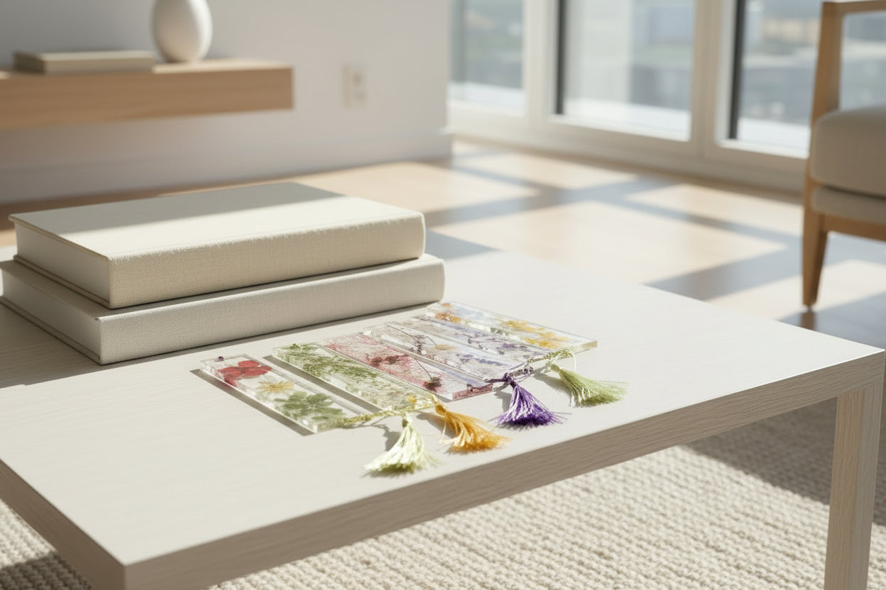 Decorative bookmarks with tassels and pressed flowers on a wooden surface