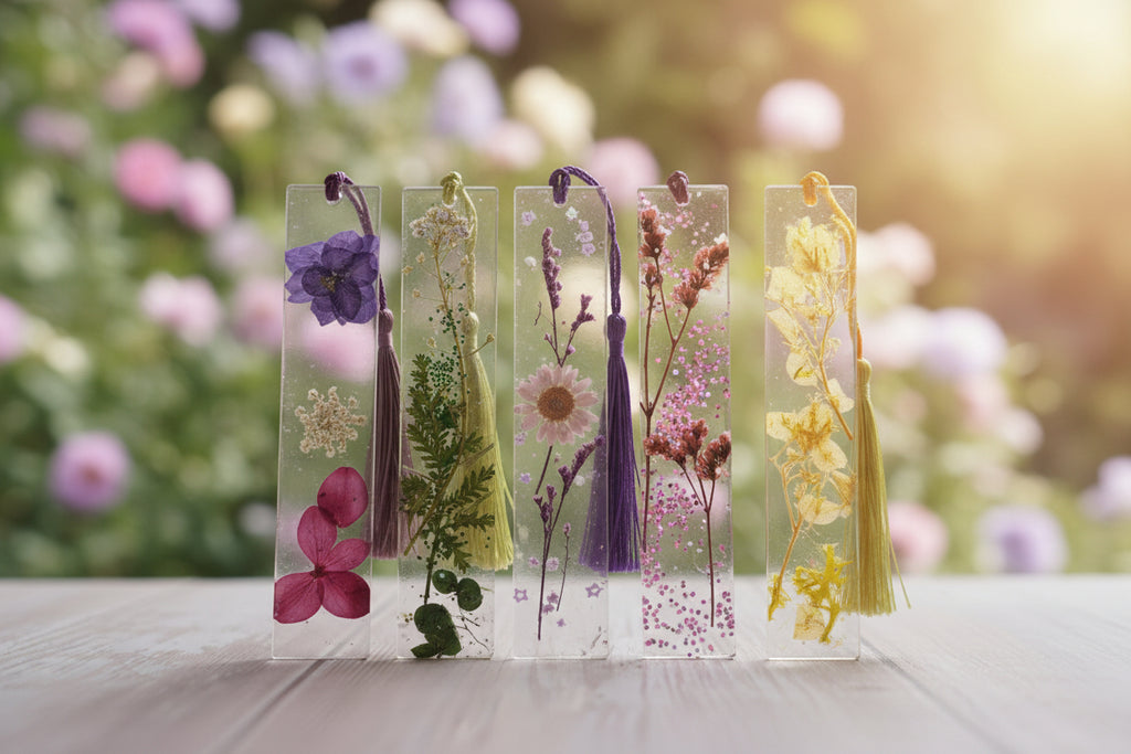 Set of decorative bookmarks with tassels and pressed flowers on a wooden surface
