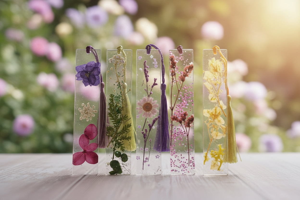 Set of decorative bookmarks with tassels and pressed flowers on a wooden surface