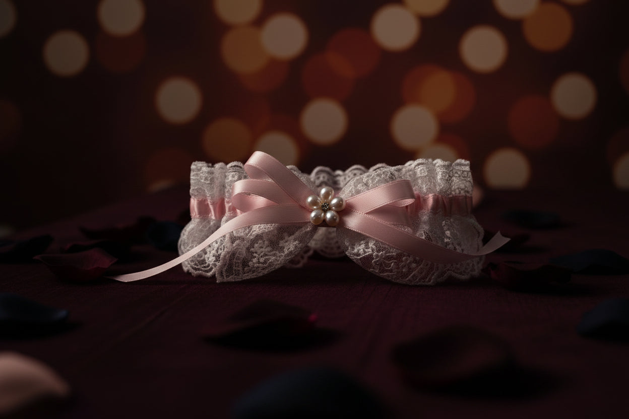 Lace bow with pink ribbon and pearl decorations on a wooden surface with flowers.